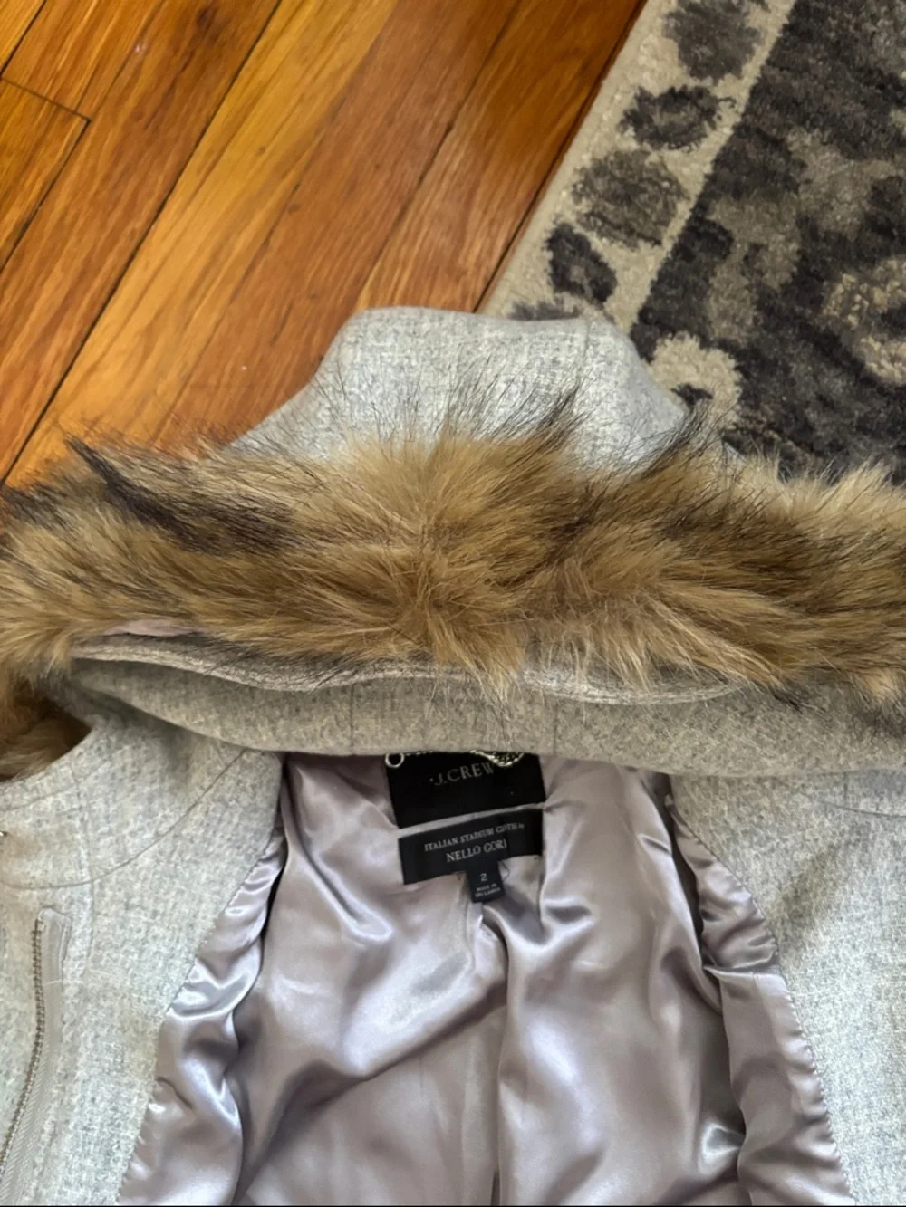 J. Crew Light Gray Hooded Wool-Blend Pea Coat with Faux-Fur Trim - Picture 4 of 6